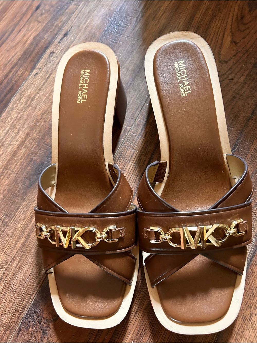 MICHAEL Michael Kors Brown Leather Logo Chain Slide Mules - Picture 2 of 5